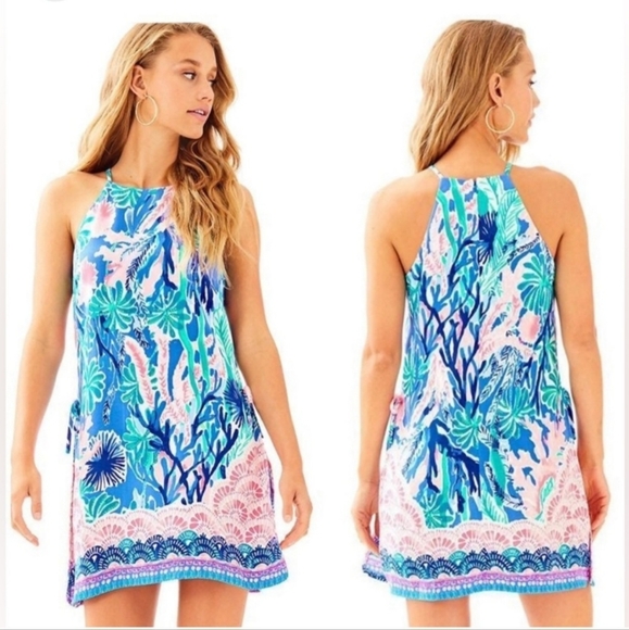 Lilly Pulitzer Pearl Romper In Jet Stream Print Pink Blue Green White - 0 - Picture 2 of 15